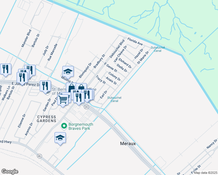 map of restaurants, bars, coffee shops, grocery stores, and more near 2916 Earl Drive in Meraux