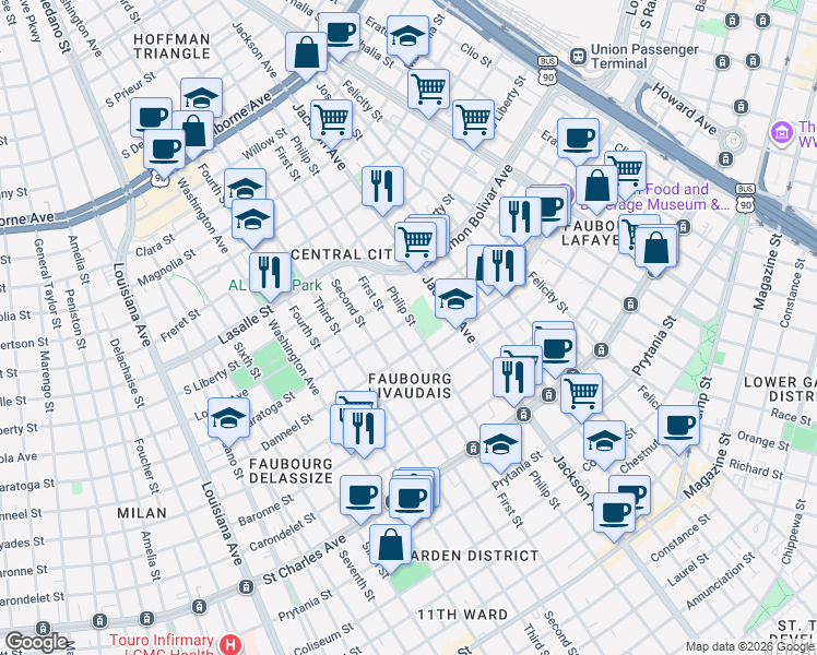 map of restaurants, bars, coffee shops, grocery stores, and more near 2037 First Street in New Orleans