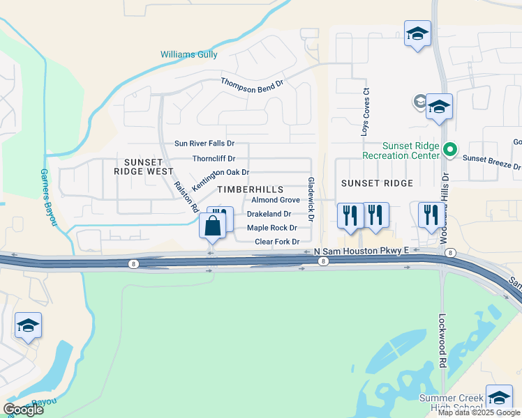 map of restaurants, bars, coffee shops, grocery stores, and more near 10923 Drakeland Drive in Humble