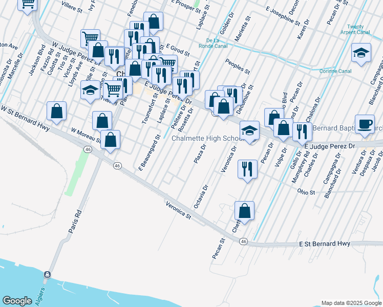 map of restaurants, bars, coffee shops, grocery stores, and more near 2312 Lyndell Drive in Chalmette