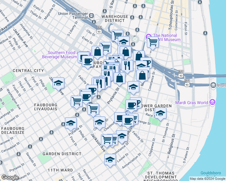 map of restaurants, bars, coffee shops, grocery stores, and more near in New Orleans