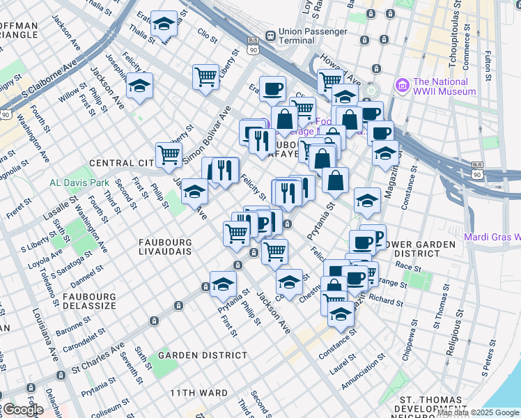 map of restaurants, bars, coffee shops, grocery stores, and more near 1829 Carondelet Street in New Orleans