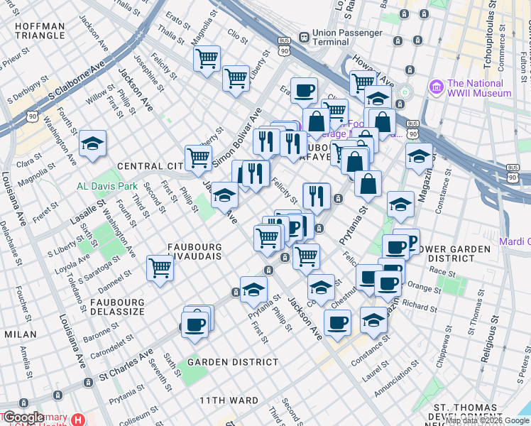 map of restaurants, bars, coffee shops, grocery stores, and more near 2020 Baronne Street in New Orleans