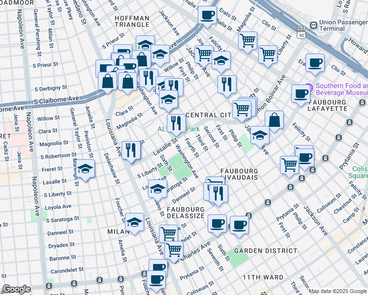 map of restaurants, bars, coffee shops, grocery stores, and more near 2717 South Liberty Street in New Orleans
