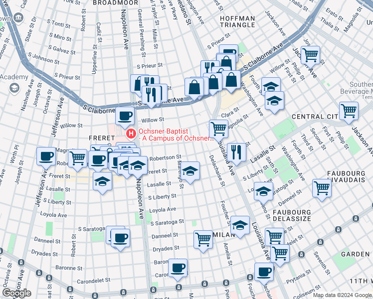map of restaurants, bars, coffee shops, grocery stores, and more near 2623 General Taylor in New Orleans