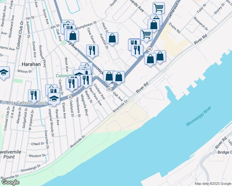 map of restaurants, bars, coffee shops, grocery stores, and more near 6318 Jefferson Highway in Harahan