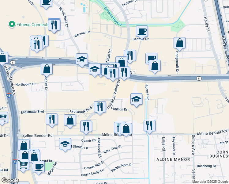 map of restaurants, bars, coffee shops, grocery stores, and more near 340 North Sam Houston Parkway East in Houston