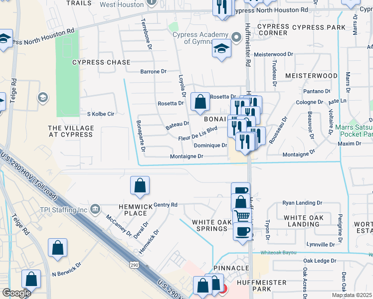 map of restaurants, bars, coffee shops, grocery stores, and more near 11118 Daybreak Lane in Cypress