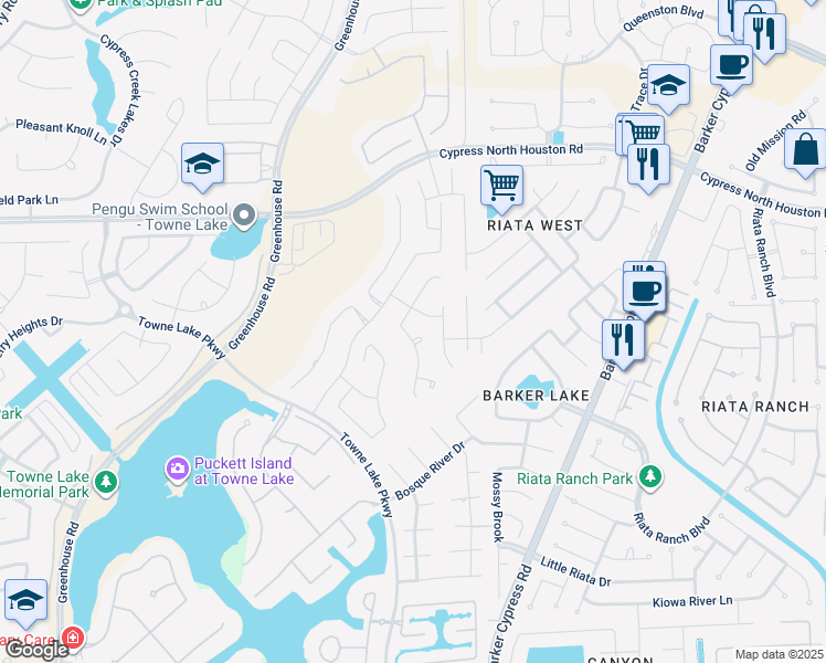map of restaurants, bars, coffee shops, grocery stores, and more near 18310 Whispering Sails Court in Cypress