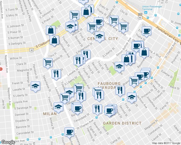 map of restaurants, bars, coffee shops, grocery stores, and more near 2216 Third Street in New Orleans