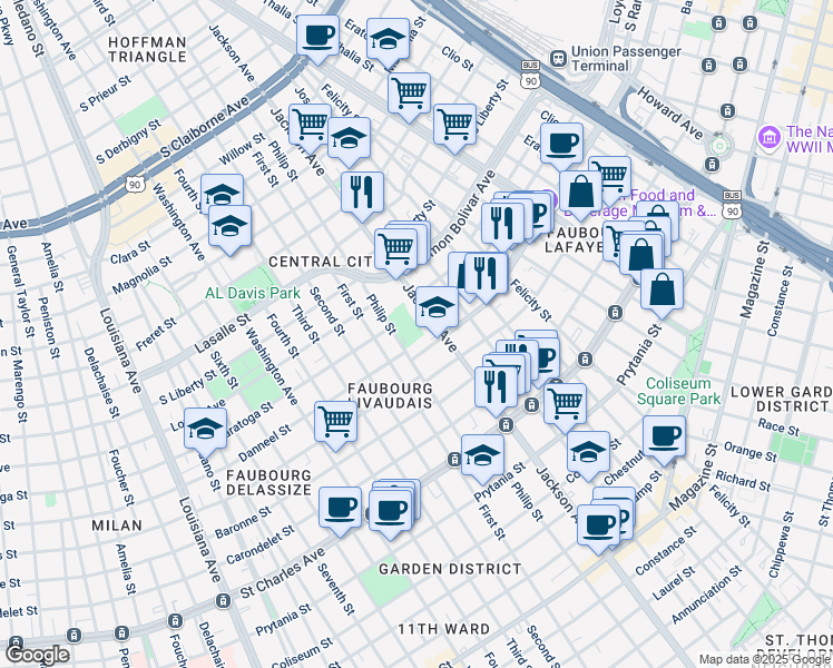 map of restaurants, bars, coffee shops, grocery stores, and more near 2220 Danneel Street in New Orleans