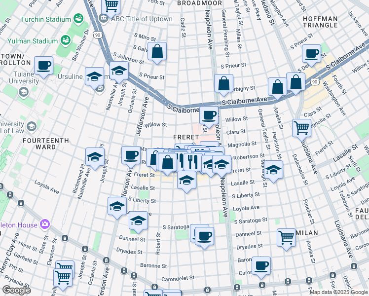 map of restaurants, bars, coffee shops, grocery stores, and more near 2701 Valence Street in New Orleans