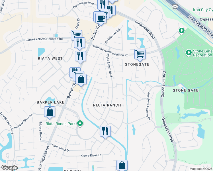 map of restaurants, bars, coffee shops, grocery stores, and more near 17307 Mesquite Brush Ln in Houston