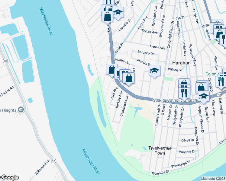 map of restaurants, bars, coffee shops, grocery stores, and more near 172 Park Avenue in Harahan