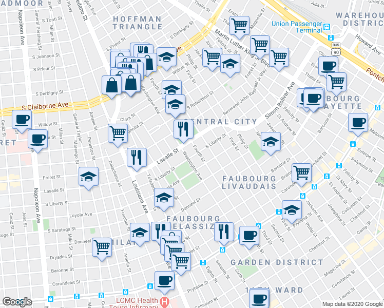 map of restaurants, bars, coffee shops, grocery stores, and more near 2717 South Liberty Street in New Orleans