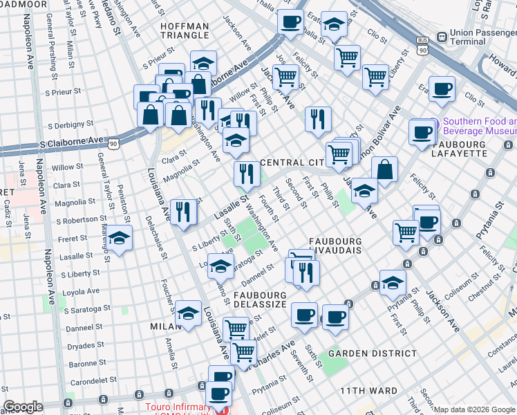 map of restaurants, bars, coffee shops, grocery stores, and more near 2717 South Liberty Street in New Orleans