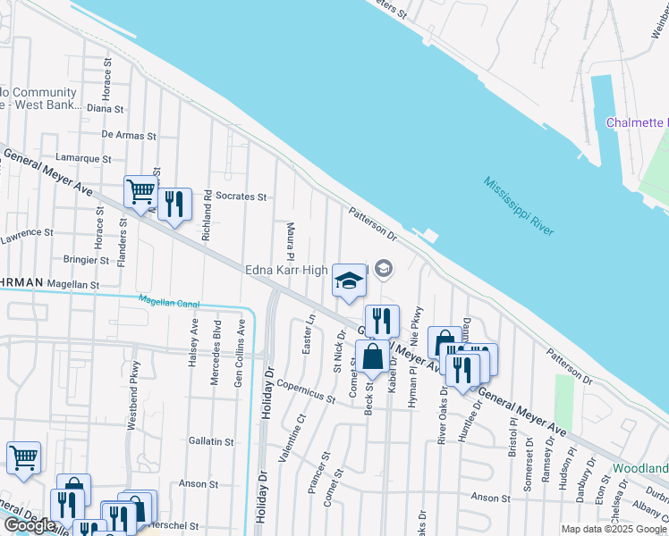map of restaurants, bars, coffee shops, grocery stores, and more near 1587 Steeple Chase Lane in New Orleans