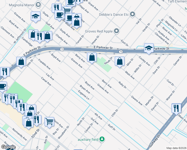 map of restaurants, bars, coffee shops, grocery stores, and more near 3145 Berry Avenue in Groves
