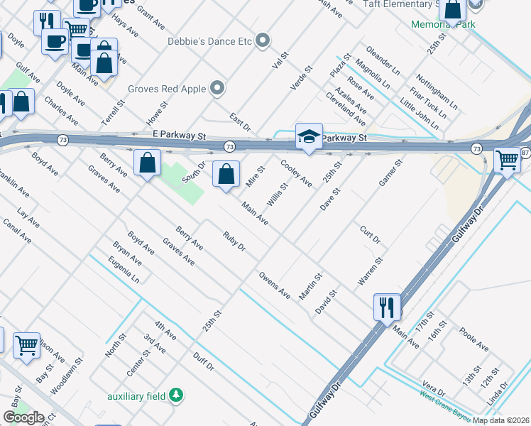 map of restaurants, bars, coffee shops, grocery stores, and more near 6110 Willis Street in Groves