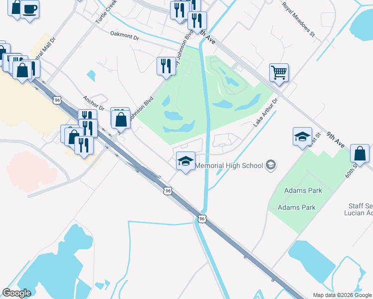 map of restaurants, bars, coffee shops, grocery stores, and more near 3130 Lake Arthur Drive in Port Arthur