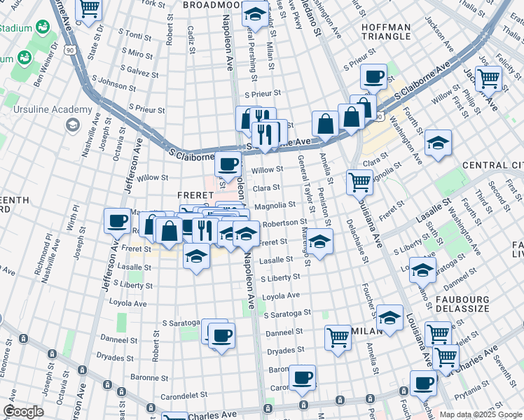 map of restaurants, bars, coffee shops, grocery stores, and more near 2630 General Pershing Street in New Orleans