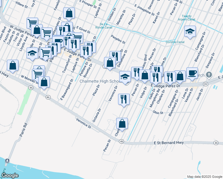 map of restaurants, bars, coffee shops, grocery stores, and more near 2405 Octavia Drive in Chalmette