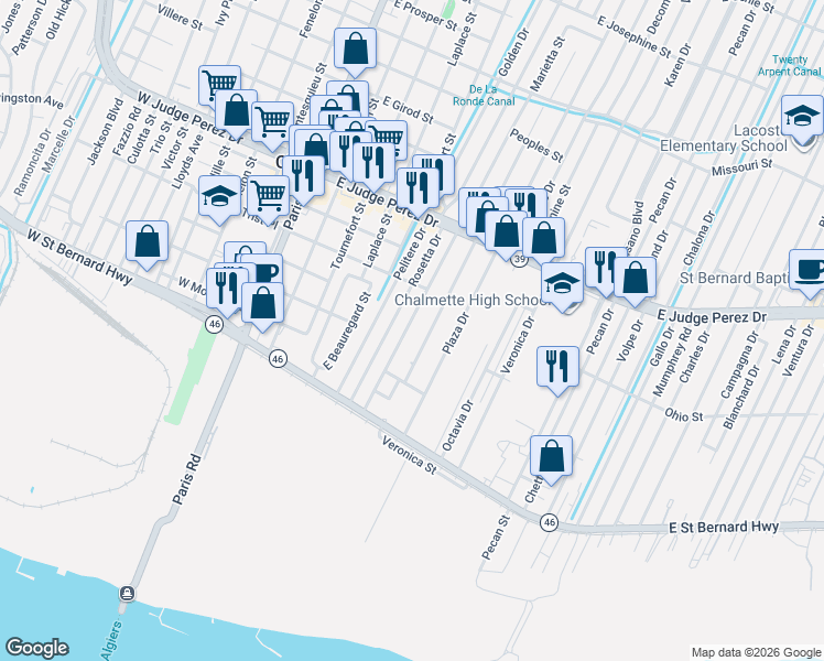 map of restaurants, bars, coffee shops, grocery stores, and more near 2312 Lyndell Drive in Chalmette