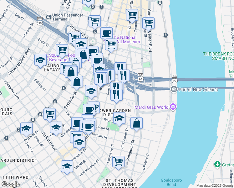 map of restaurants, bars, coffee shops, grocery stores, and more near 1325 Annunciation Street in New Orleans