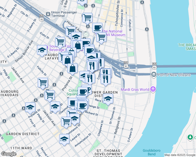 map of restaurants, bars, coffee shops, grocery stores, and more near 1341 Constance Street in New Orleans