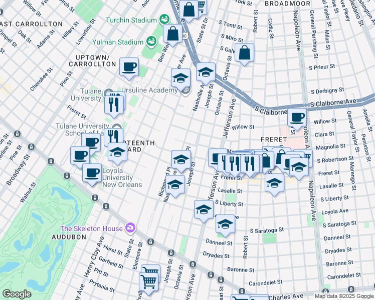 map of restaurants, bars, coffee shops, grocery stores, and more near 2308 Wirth Place in New Orleans