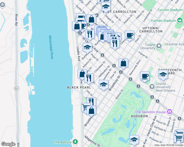 map of restaurants, bars, coffee shops, grocery stores, and more near 7522 Benjamin Street in New Orleans