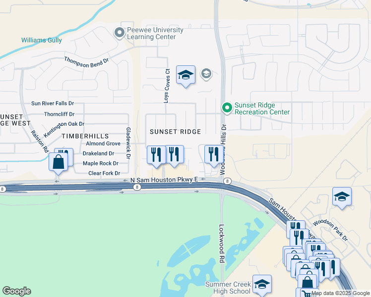map of restaurants, bars, coffee shops, grocery stores, and more near 11526 Moonlight Ridge Drive in Humble