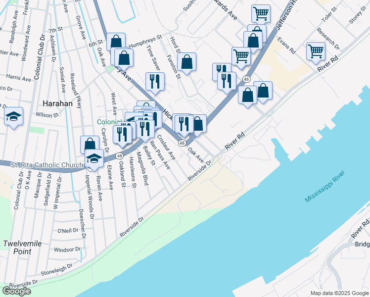 map of restaurants, bars, coffee shops, grocery stores, and more near 6318 Jefferson Highway in Harahan