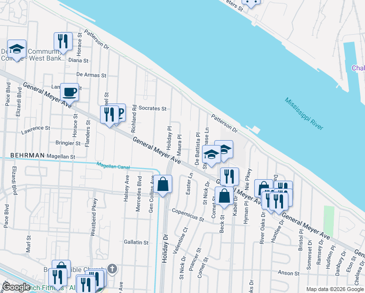 map of restaurants, bars, coffee shops, grocery stores, and more near 1590 Maura Place in New Orleans