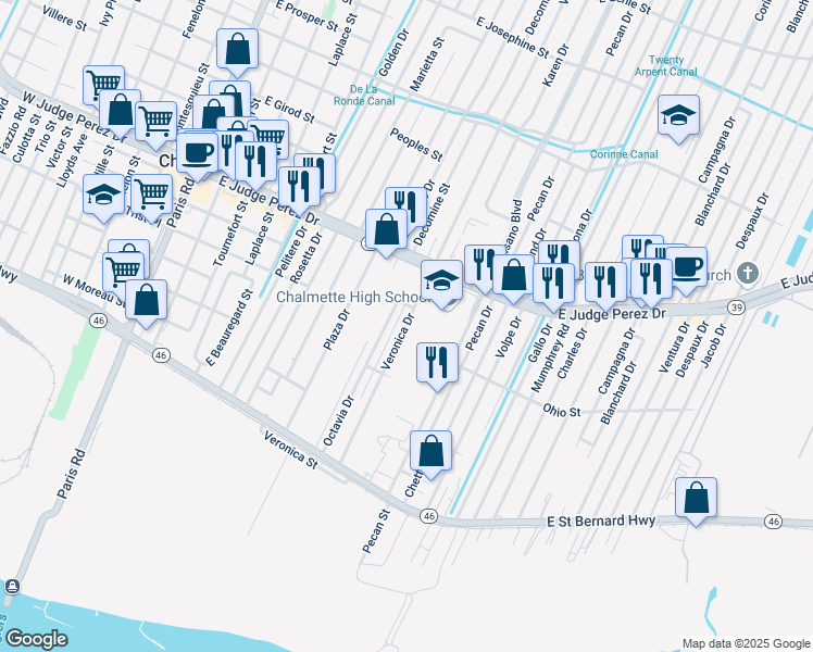 map of restaurants, bars, coffee shops, grocery stores, and more near 2409 Veronica Drive in Chalmette