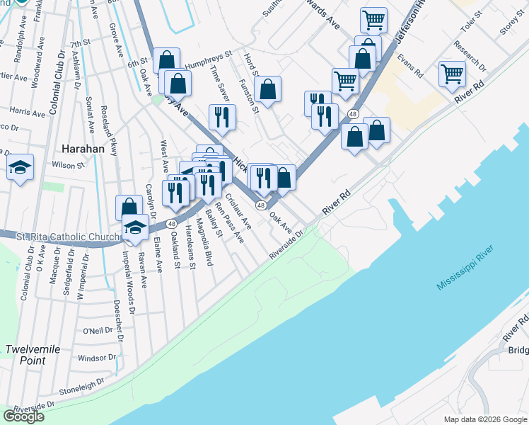 map of restaurants, bars, coffee shops, grocery stores, and more near 6318 Jefferson Highway in Harahan