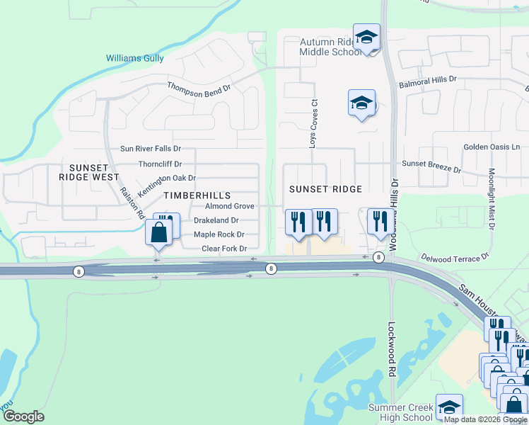map of restaurants, bars, coffee shops, grocery stores, and more near 11119 Drakeland Drive in Humble