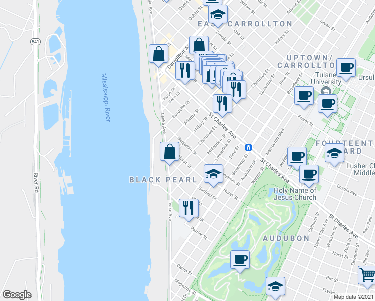 map of restaurants, bars, coffee shops, grocery stores, and more near 274 Cherokee Street in New Orleans
