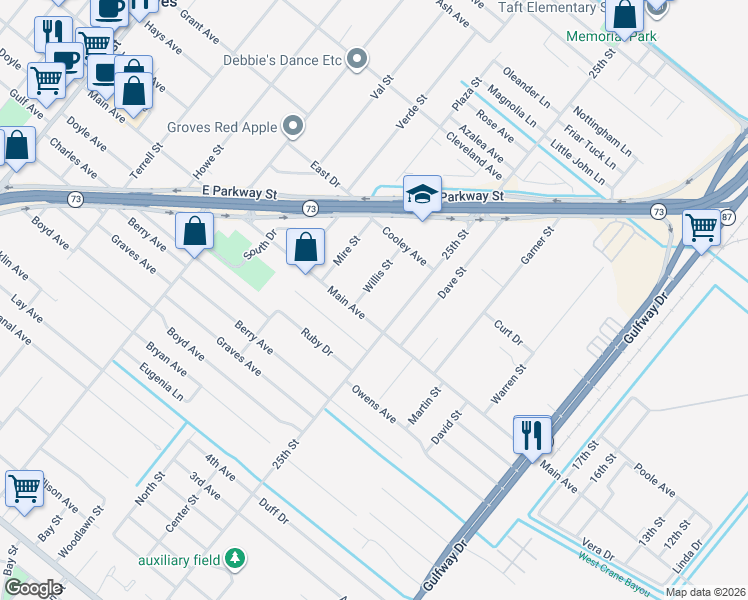 map of restaurants, bars, coffee shops, grocery stores, and more near 6110 Willis Street in Groves