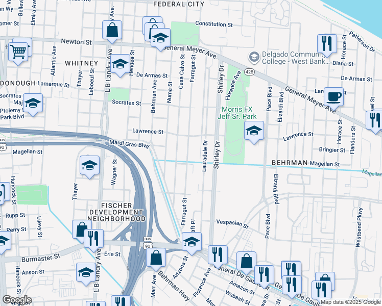 map of restaurants, bars, coffee shops, grocery stores, and more near 1647 Farragut Street in New Orleans