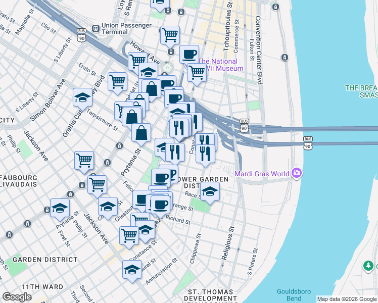 map of restaurants, bars, coffee shops, grocery stores, and more near 1341 Constance Street in New Orleans
