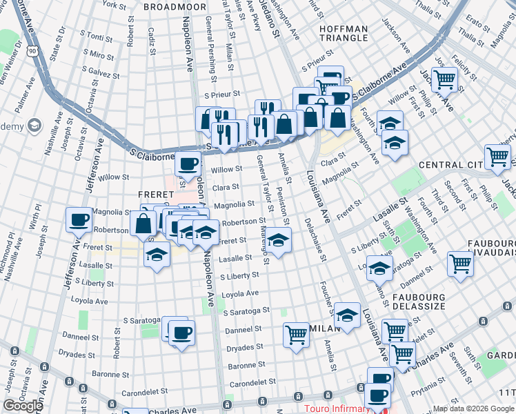 map of restaurants, bars, coffee shops, grocery stores, and more near 2629 Milan Street in New Orleans
