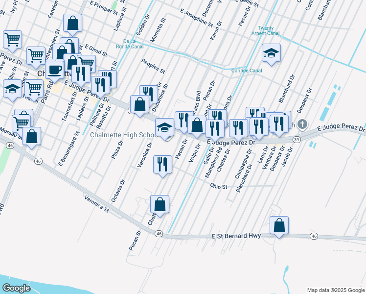 map of restaurants, bars, coffee shops, grocery stores, and more near 2512 Riverland Drive in Chalmette