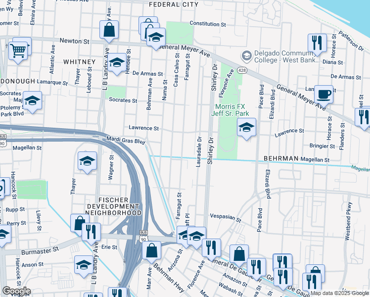map of restaurants, bars, coffee shops, grocery stores, and more near 1647 Farragut Street in New Orleans