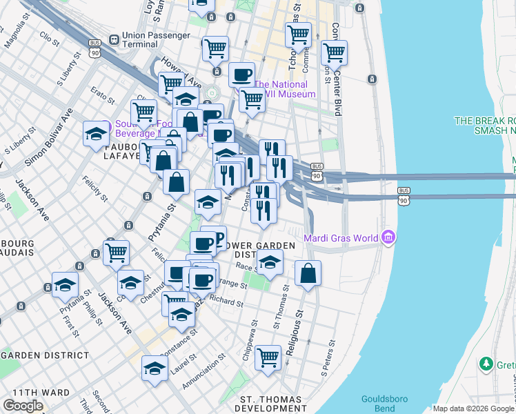 map of restaurants, bars, coffee shops, grocery stores, and more near 1325 Annunciation Street in New Orleans