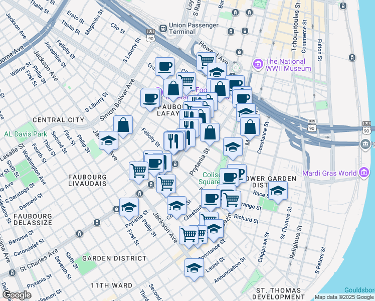 map of restaurants, bars, coffee shops, grocery stores, and more near in New Orleans