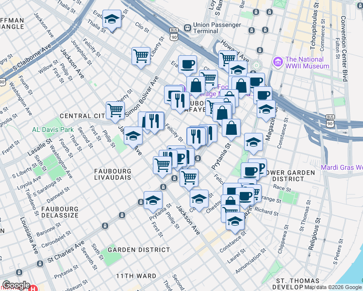 map of restaurants, bars, coffee shops, grocery stores, and more near 1829 Carondelet Street in New Orleans