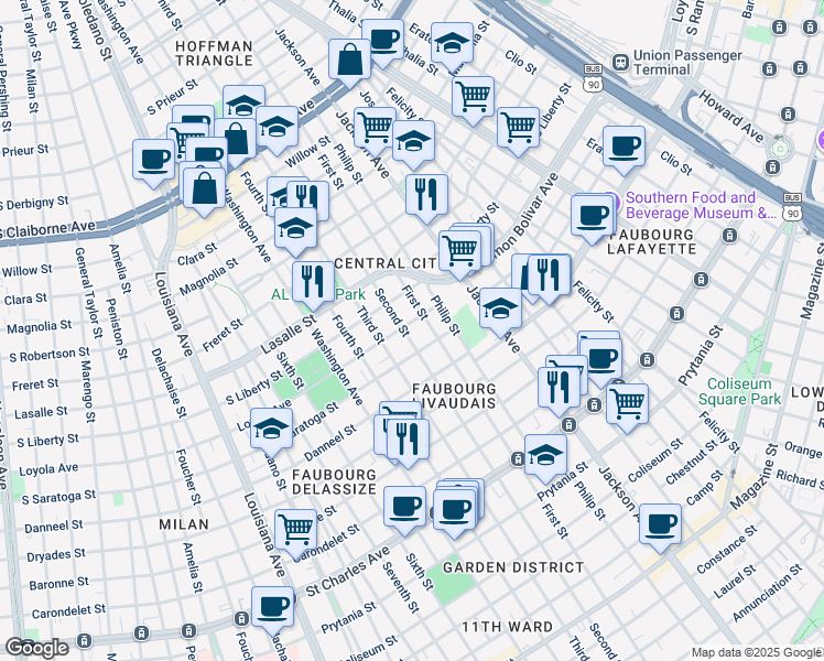 map of restaurants, bars, coffee shops, grocery stores, and more near 2154 Second Street in New Orleans
