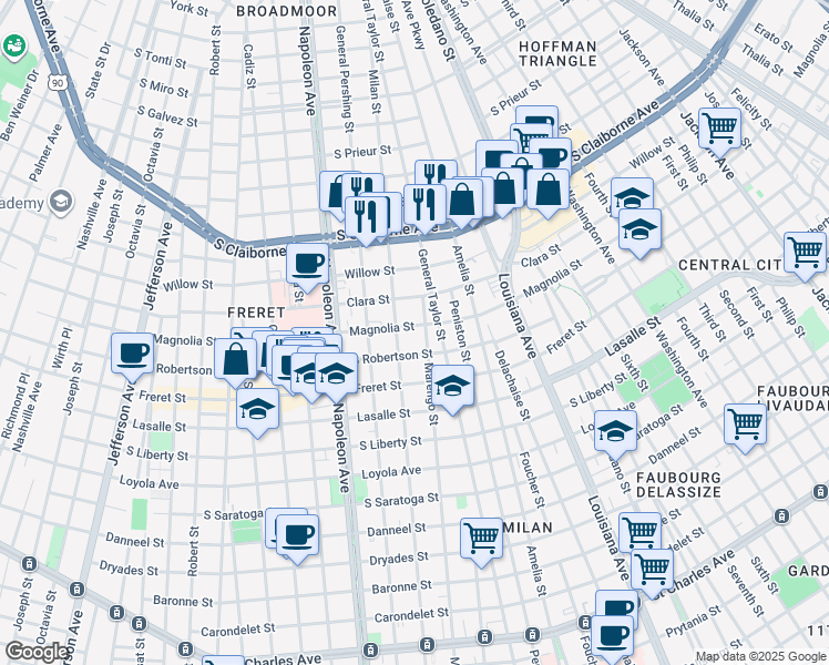 map of restaurants, bars, coffee shops, grocery stores, and more near 2629 Milan Street in New Orleans