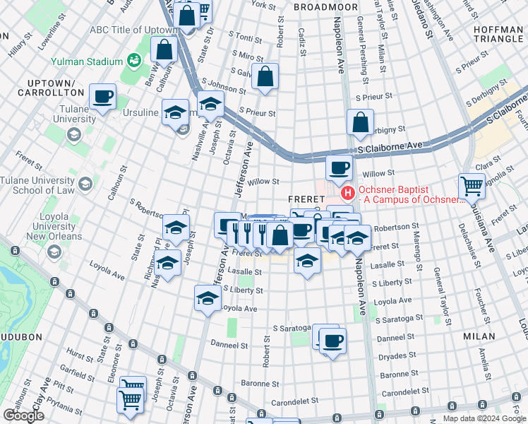 map of restaurants, bars, coffee shops, grocery stores, and more near 5101 Magnolia Street in New Orleans